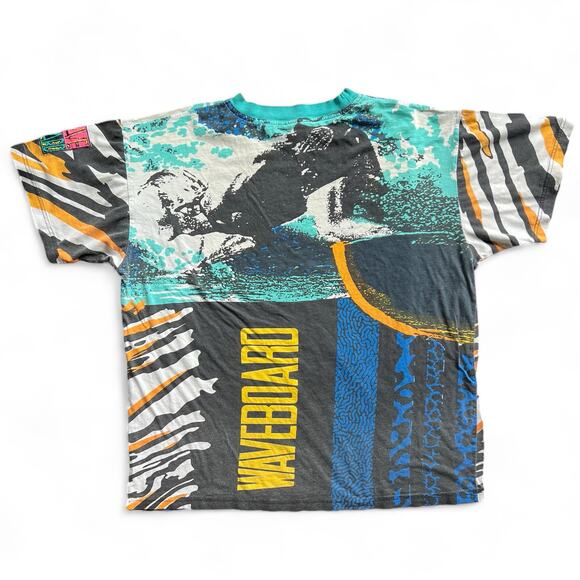 Vintage Wave Board Surfing AOP Surf T Shirt Surfer Beach XL USA 80s 90s Pattern - Picture 2 of 12